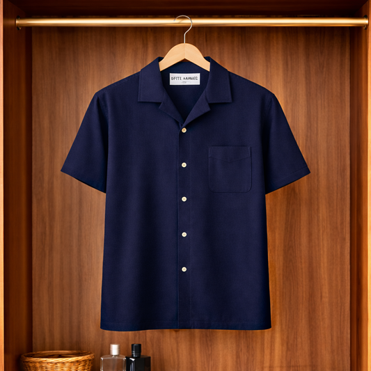 Fifth Avenue Mens Button Up Knitted Cuban Pocket Shirt FABUKCS1 - Navy Blue