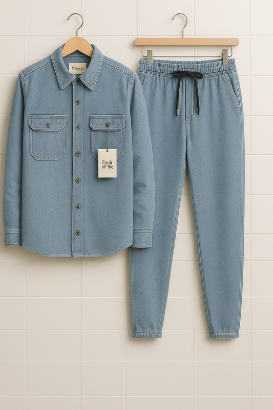 Fifth Avenue Mens Cotton Light Chambray Denim Shirt and Pants Set FAMDJSPS3 - Blue