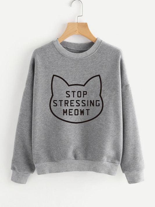 Fifth Avenue Stop Stressing Meowt Printed Sweatshirt - Heather Grey